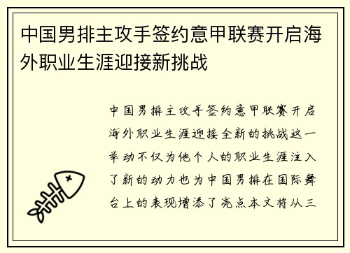 中国男排主攻手签约意甲联赛开启海外职业生涯迎接新挑战